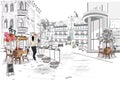 Series of the street cafes with fashion people, men and women, in the old city, vector illustration. Waiters serve the tables.